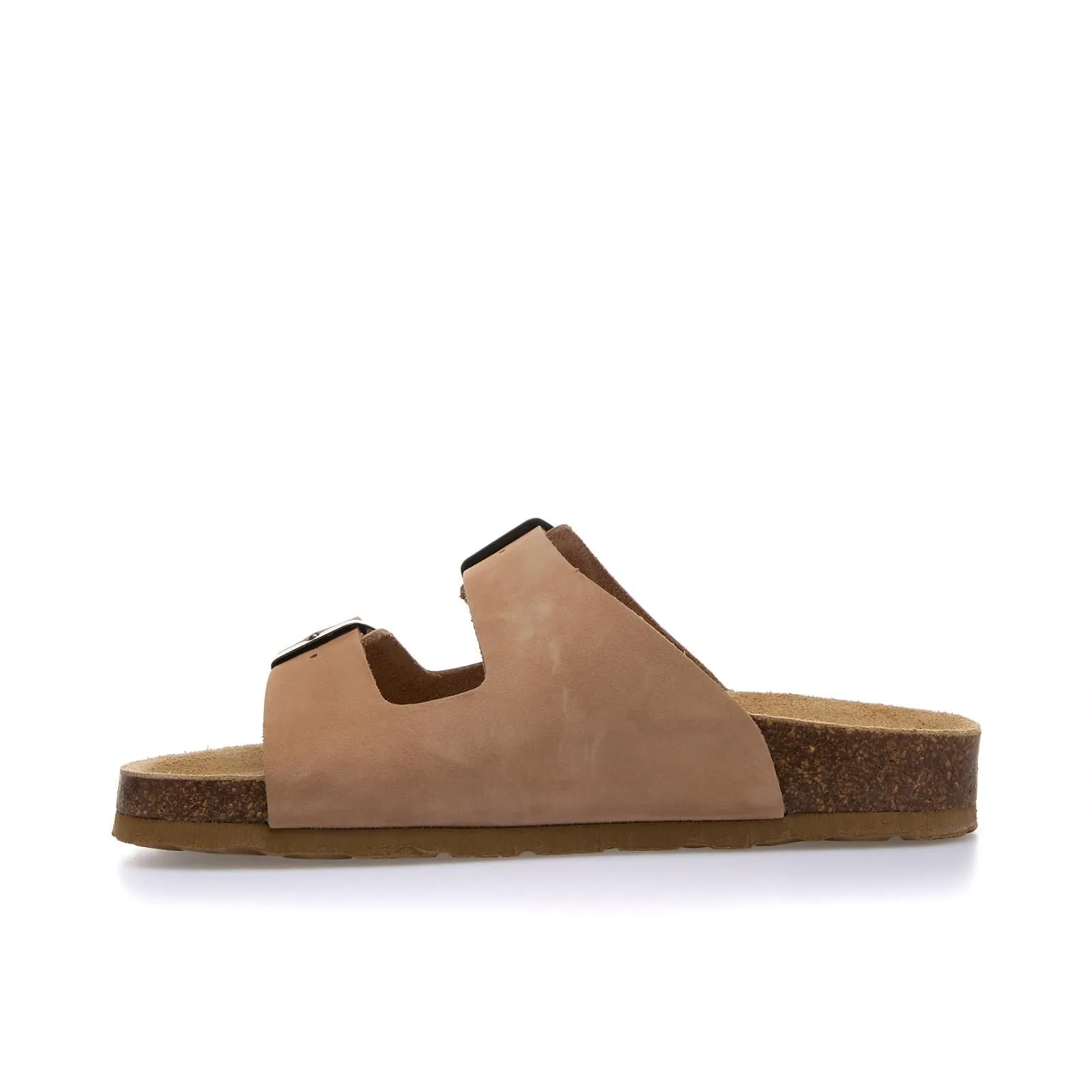 Sandali beige in pelle con fondo effetto sughero e doppia fibbia