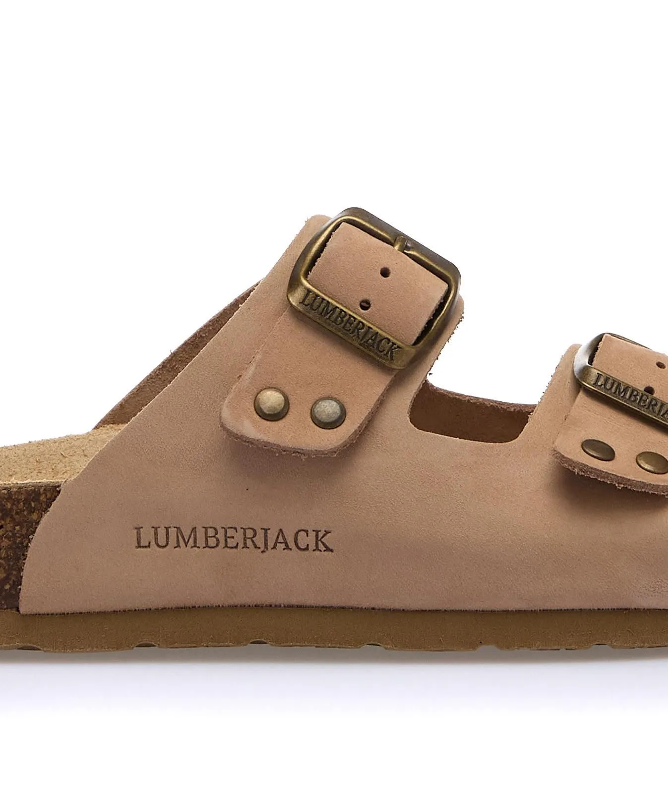 Sandali beige in pelle con fondo effetto sughero e doppia fibbia