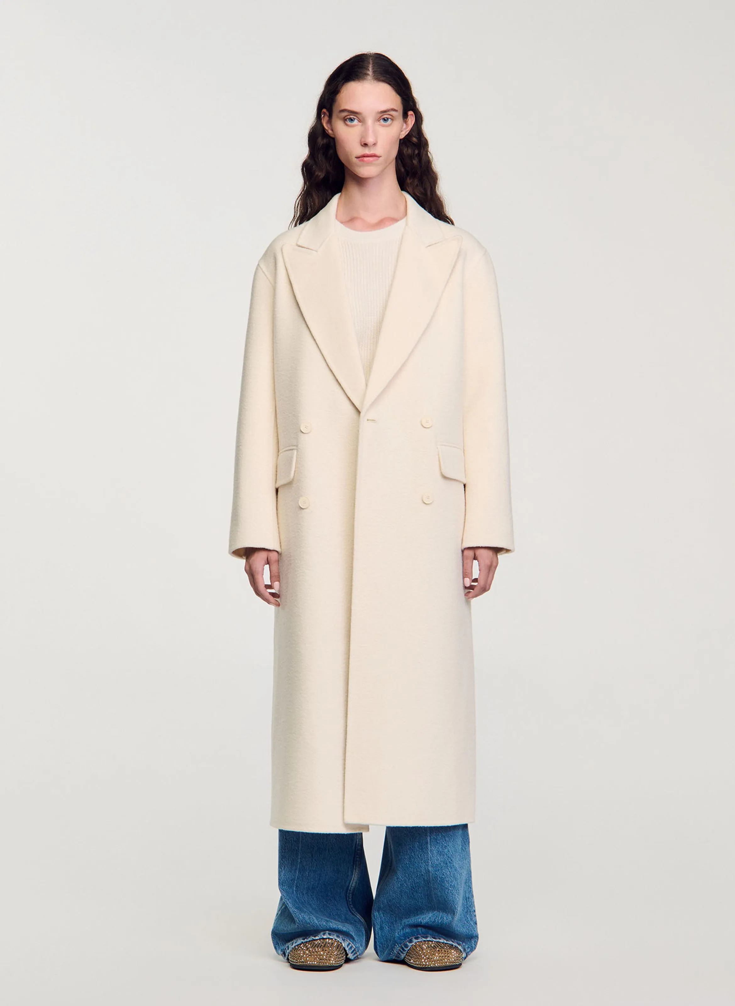  SANDRO   Lungo cappotto con collo a rever in misto lana | Bianco