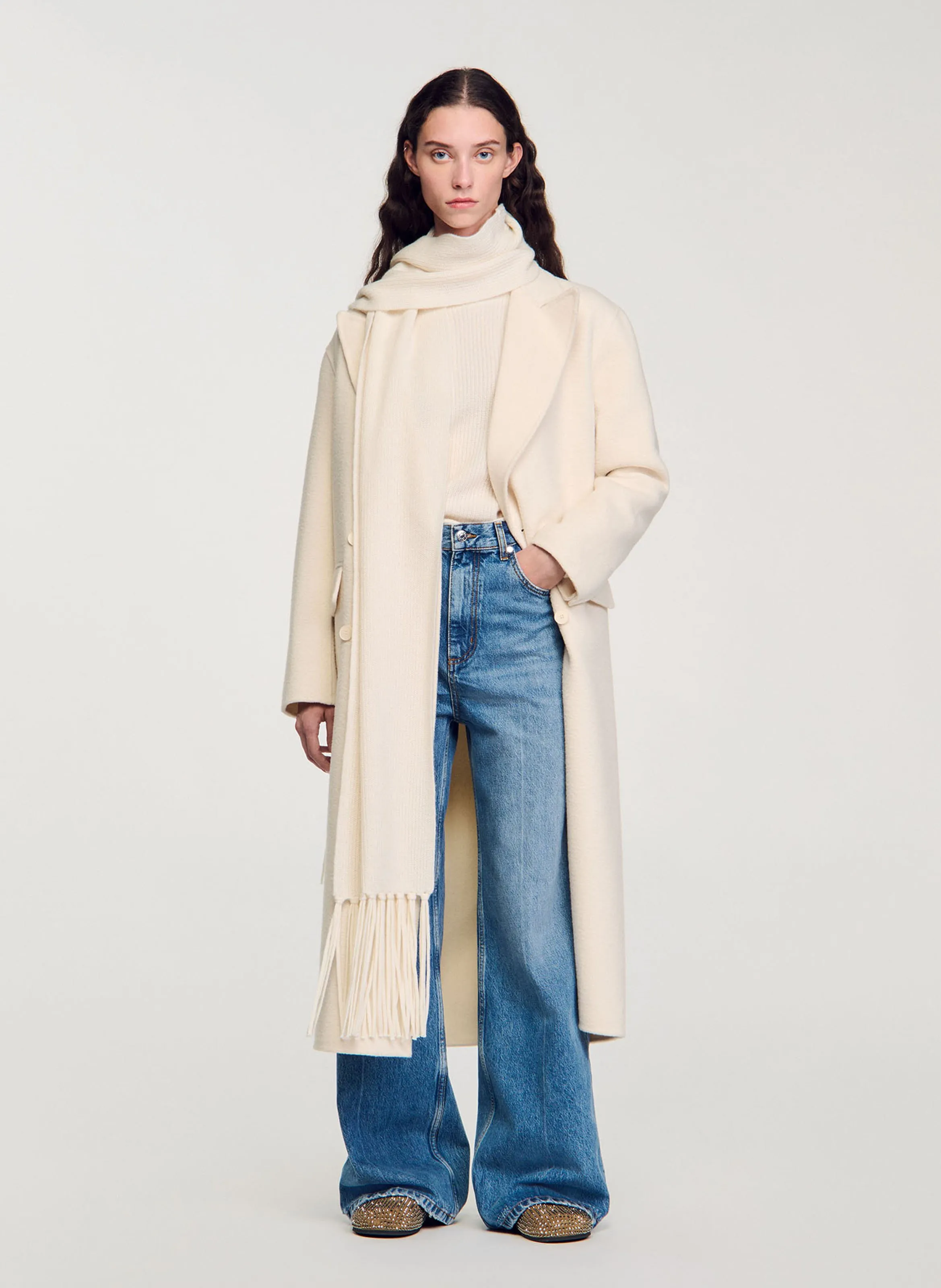  SANDRO   Lungo cappotto con collo a rever in misto lana | Bianco