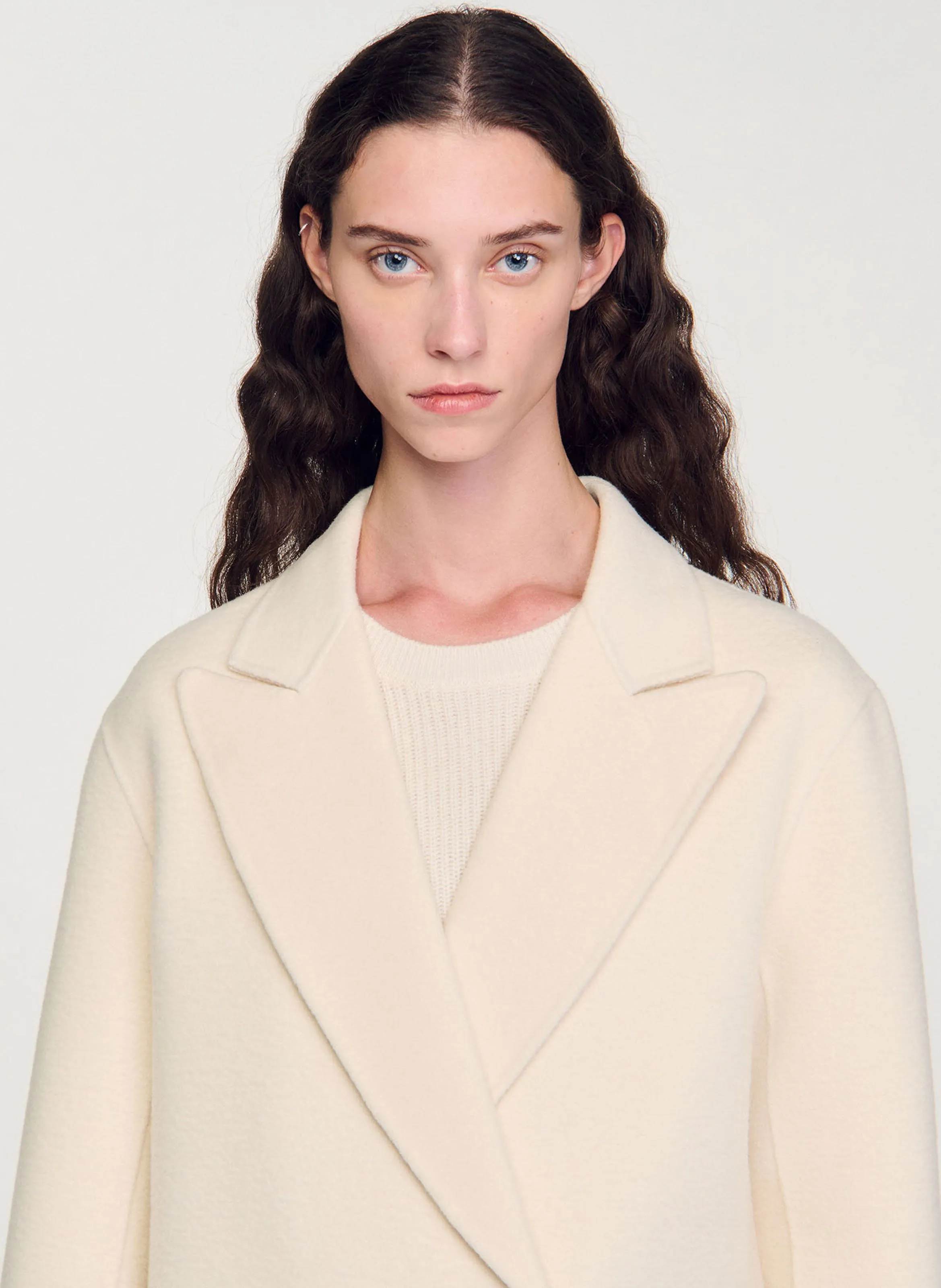  SANDRO   Lungo cappotto con collo a rever in misto lana | Bianco