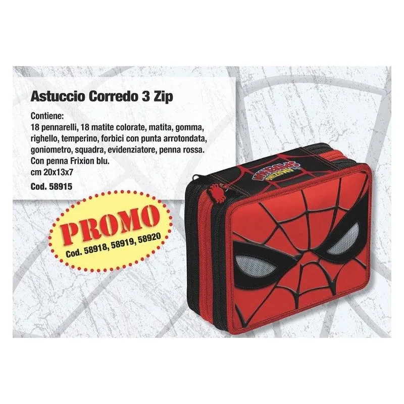 SCHOOL PACK ZAINO ESTENSIBILE 43X29X13CM SPIDERMAN CON LUCI +ASTUCCIO 3 ZIP 41PZ.INTE.FRIXION/GIOTTO/TRATTO.PANINI ITALY