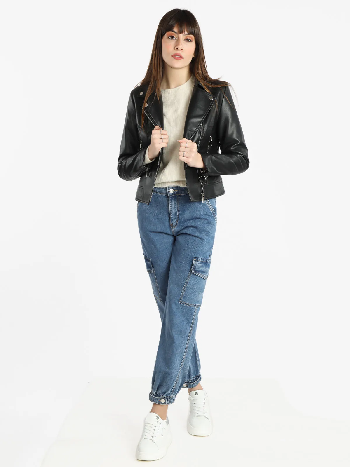 Solada Blouson biker en simili cuir pour femme