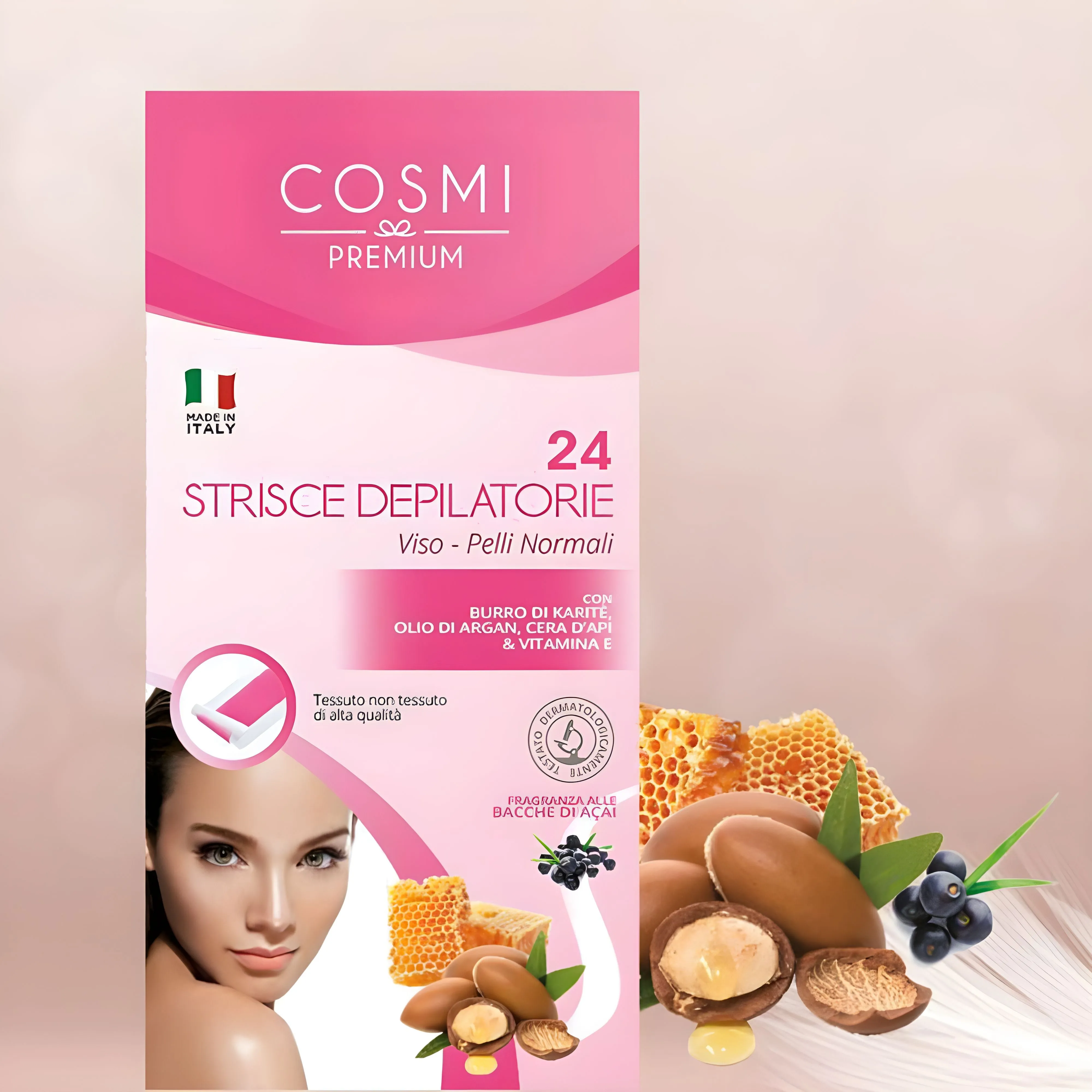 Strisce Depilatorie Viso, burro di Karatè e olio d'argan, Kit da 24