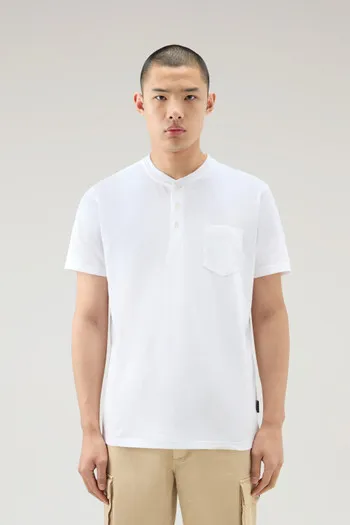 T-shirt Henley in misto cotone e lino                                                                                Bright Whit
