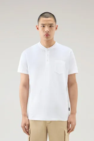 T-shirt Henley in misto cotone e lino                                                                                Bright Whit