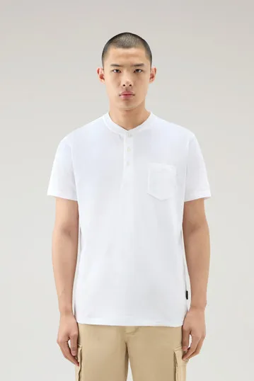 T-shirt Henley in misto cotone e lino                                                                                Bright Whit