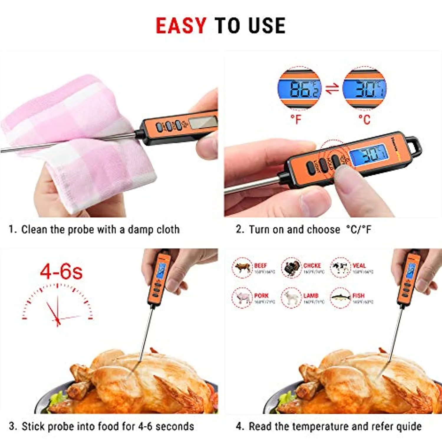 ThermoPro TP01S Termometro da Cucina Professionale con Lettura Istantanea con Sonda Lunga, Termometro Carne Digitale per Aliment