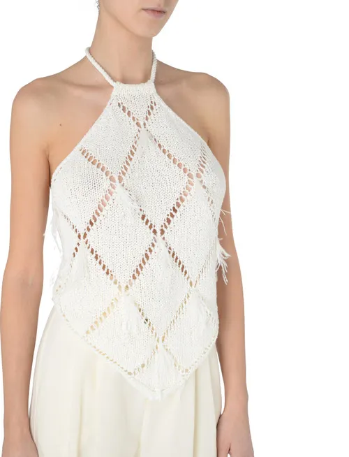 Top Twinset a losanghe con piume bianco neve
